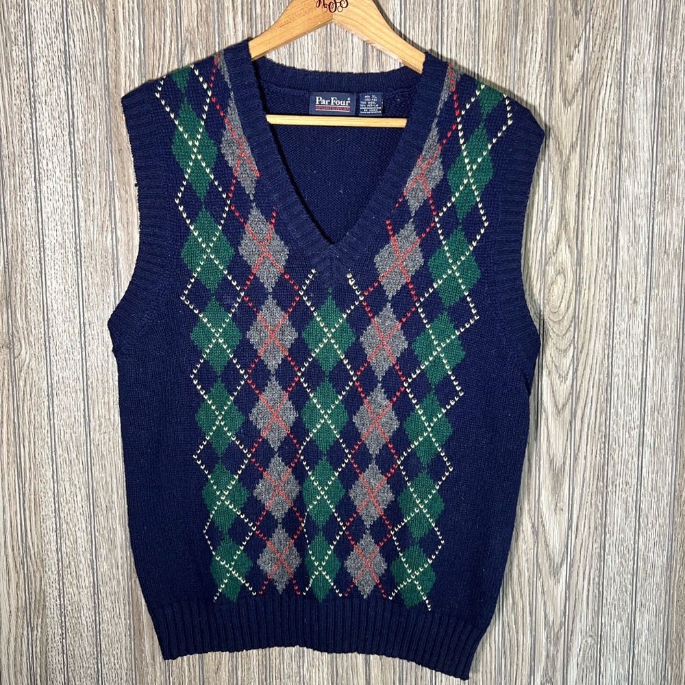 Vintage 80’s Argyle Print Preppy Wool Navy Blue Sweater Vest V-Neck